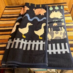 Vintage Crown Craft Farm Animal Fleece Blanket Reversible Cow Sheep Pig Goose